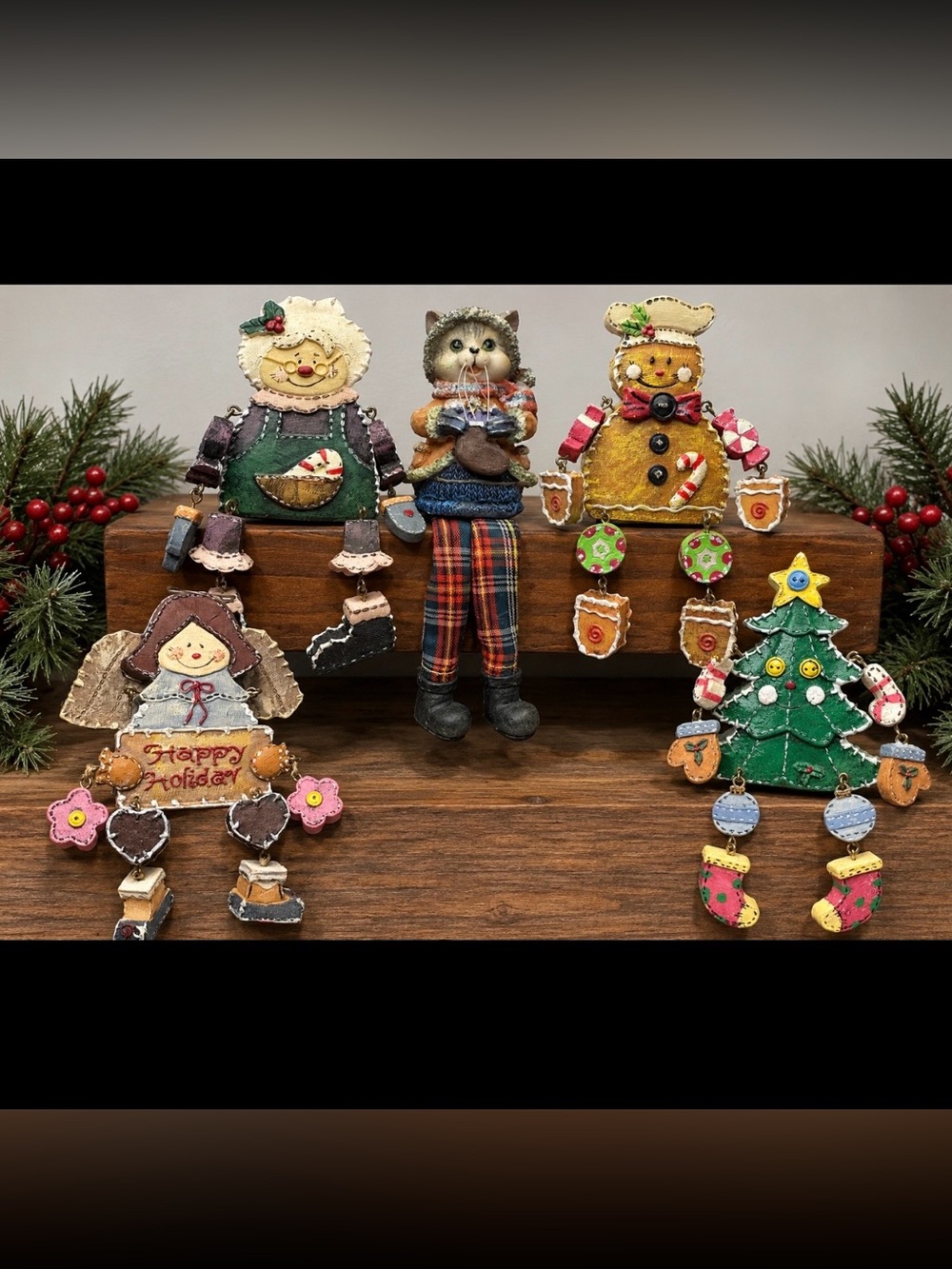 WMG Folkart Shelf Sitters Mrs Claus Gingerbread Angel Tree + Whimsical Cat